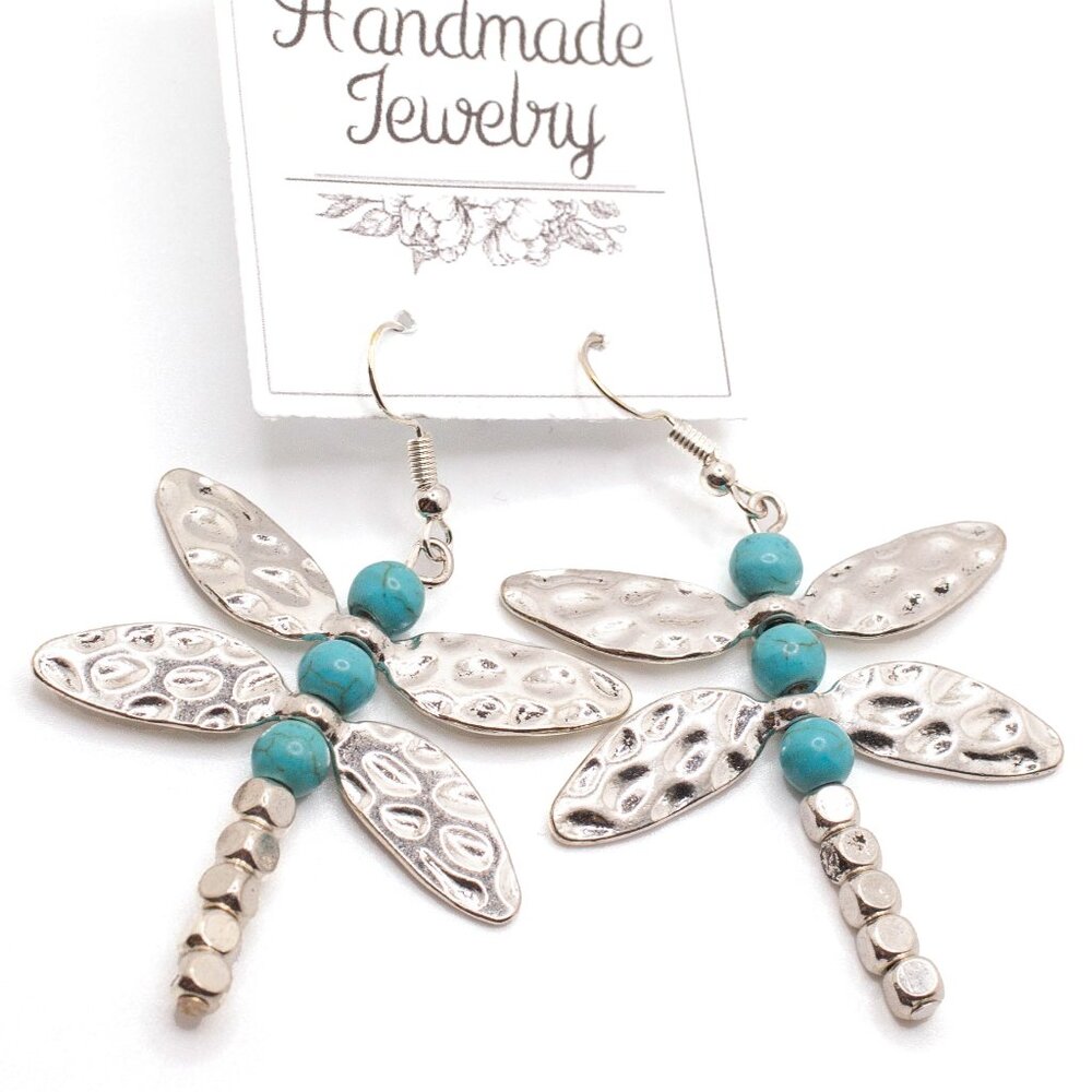 Handmade Faux-Turquoise Beaded Dragonfly Earrings